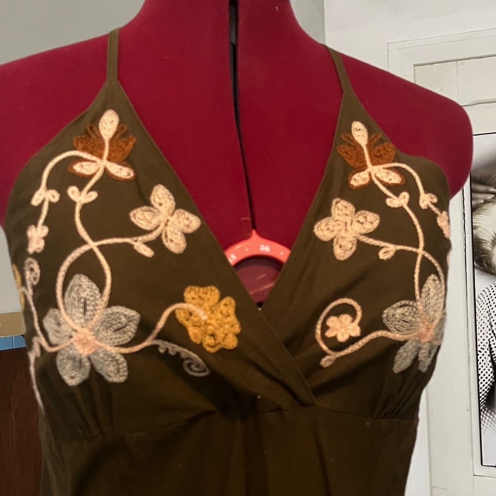 Vintage Chocolate Brown Halter Maxi Dress Embroidered Floral & Butterfly Detail - Picture 5 of 13